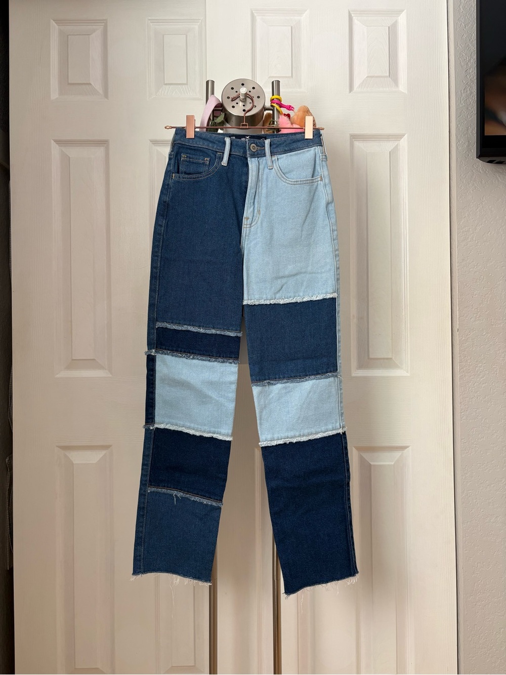 Two-Tone Patchwork Womens Jeans - Light & Dark Blue